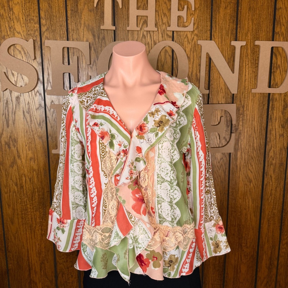 Sunny Taylor Ruffle Blouse Womens PS Multi Color Fairycore Y2K Boho Lace Top